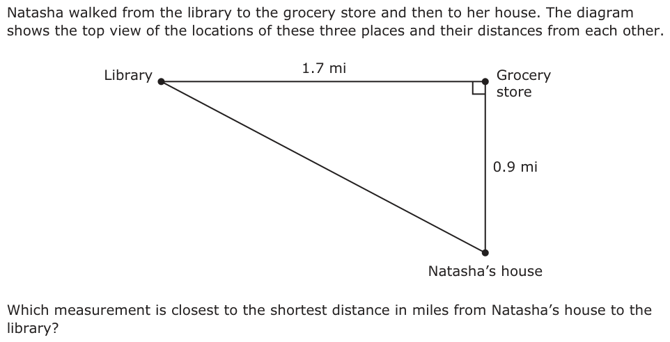 Natasha walked from the library to the grocery store and then to her house. The diagram shows the top view of the locations of these three places and their distances from each other. Library Grocery 1.7 mi store 0.9 mi Natasha’s house Which measurement is closest to the shortest distance in miles from Natasha’s house to the library?