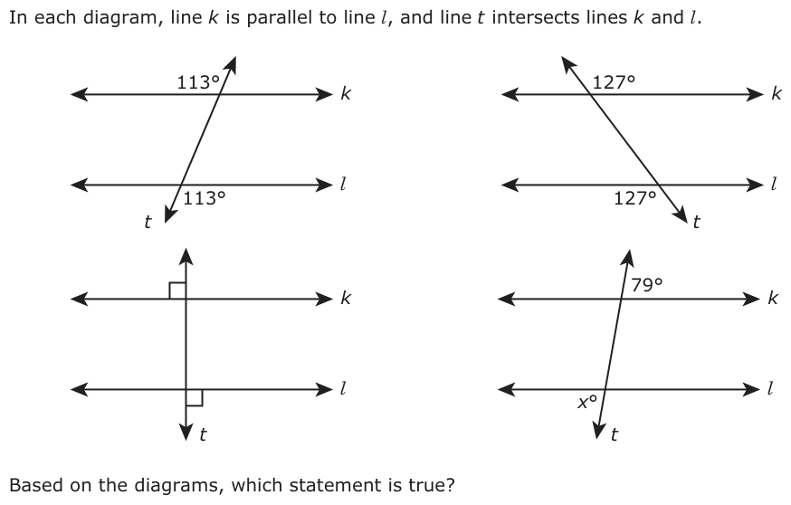 In each diagram, line k is parallel to line l , and line t intersects lines k and l . 113° k k 127° 113° 127°l l t t k 79° k l x° l t t Based on the diagrams, which statement is true?