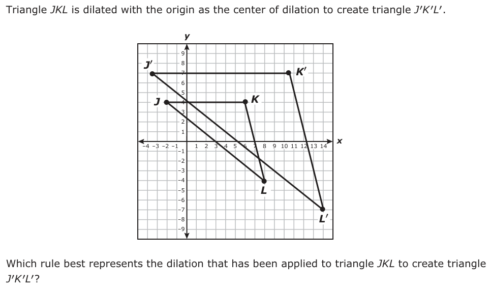 Triangle JKL is dilated with the origin as the center of dilation to create triangle JK′′L′. y 9 J′ 8 7 K′ 6 5 J 4 K 3 2 1 −4 −3 −2 −1 −1 2 3 4 5 6 7 8 9 10 11 12 13 14x 1 −2 −3 −4 −5 L −6 −7 −8 L′ −9 Which rule best represents the dilation that has been applied to triangle JKL to create triangle JK′′L′?