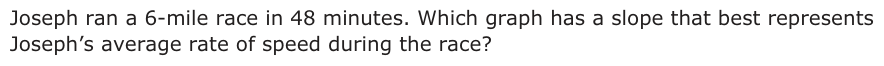 Joseph ran a 6-mile race in 48 minutes. Which graph has a slope that best represents Joseph’s average rate of speed during the race? Joseph’s Rate Joseph’s Rate y y 10 10 9 9 8 8 7 7 F 6 H 6 5 5 4 4 3 3 2 2 1 1 0 12345 6789 10 x 0 12345678910 x Time (minutes) Time (minutes) Joseph’s Rate Joseph’s Rate y y 10 10 9 9 8 8 7 7 G 6 J 6 5 5 4 4 3 3 2 2 1 1 0 12345678910 x 0 12345678910 x Time (minutes) Time (minutes)