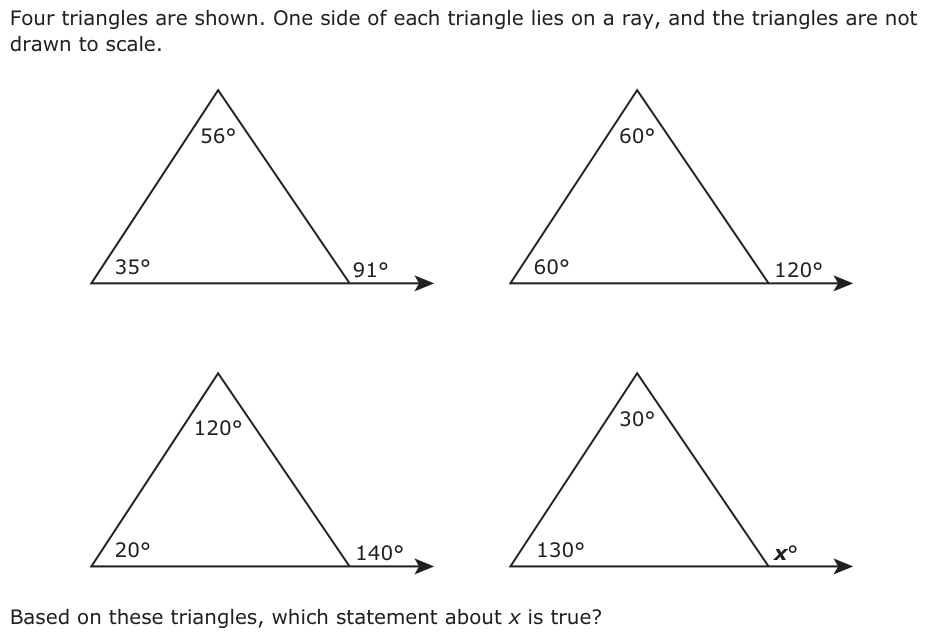 Four triangles are shown. One side of each triangle lies on a ray, and the triangles are not drawn to scale. 56° 60° 35° 91° 120°60° 120° 30° 20° 140° 130° x° Based on these triangles, which statement about x is true?