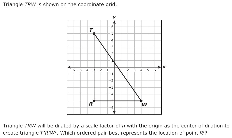 Triangle TRW is shown on the coordinate grid. y 6 T 5 4 3 2 1 −6 6−5 −4 −3 −2 −11 2 3 4 5x −1 −2 −3 −4 −5 R −6 W Triangle TRW will be dilated by a scale factor of n with the origin as the center of dilation to create triangle TR′′W ′. Which ordered pair best represents the location of point R′ ?