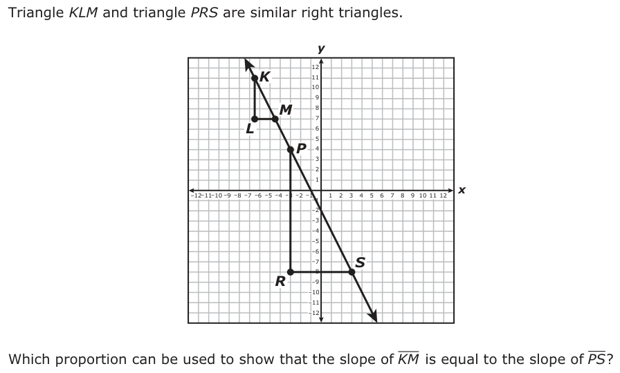 Triangle KLM and triangle PRS are similar right triangles. y 12 K 11 10 9 M 87 L 6 5 P 4 3 2 1 −12 −1−11 0 −9 −8 −7 −6 −5 −4 −3 −2 −1 −1 23456789 10 11 12 x 1 −2 −3 −4 −5 −6 −7 S −8 R −9 −10 −11 −12 Which proportion can be used to show that the slope of KM is equal to the slope of PS ?