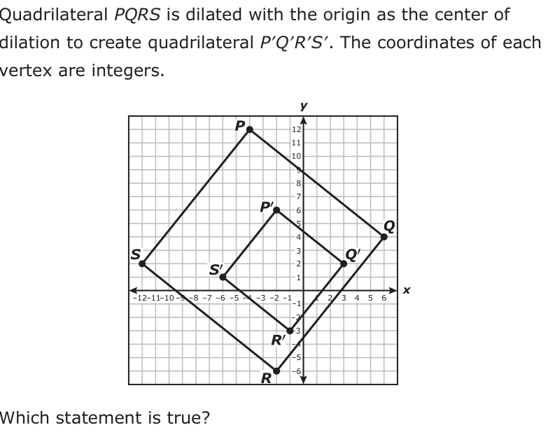 Quadrilateral PQRS is dilated with the origin as the center of dilation to create quadrilateral P′Q′R′S′. The coordinates of each vertex are integers. y P 12 11 10 9 8 7 6 5 4 Q S 2 3 1 −1 −12 −11 0 −9 −8 −7 −6 −5 −4 −3 −2 −1−1 12 34 5 6 x −2 −3 −4 −5 −6 R Which statement is true?