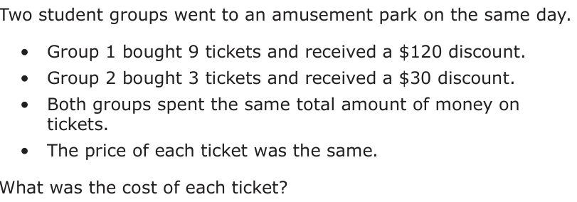 Two student groups went to an amusement park on the same day. • Group 1 bought 9 tickets and received a $120 discount. • Group 2 bought 3 tickets and received a $30 discount. • Both groups spent the same total amount of money on tickets. • The price of each ticket was the same. What was the cost of each ticket?