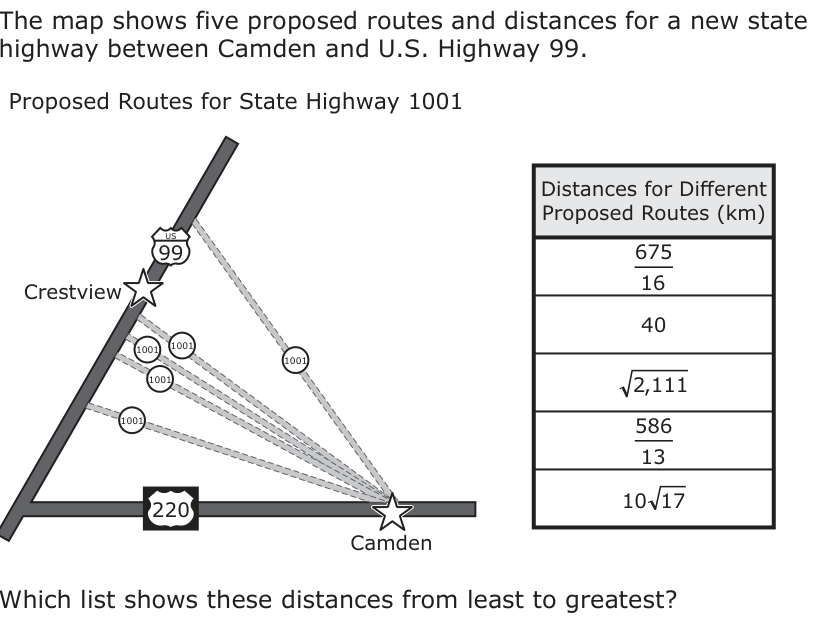 The map shows five proposed routes and distances for a new state highway between Camden and U.S. Highway 99. Proposed Routes for State Highway 1001 Distances for Di˜erent Proposed Routes (km) US 99 675 Crestview 16 40 1001 1001 1001 1001 2, 111 1001 586 13 220 10 17 Camden Which list shows these distances from least to greatest? _ _ 586 _675 2