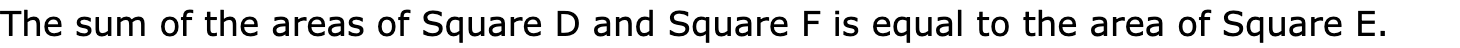 The sum of the areas of Square D and Square F is equal to the area of Square E.