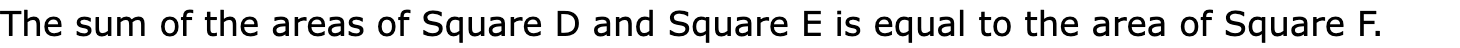 The sum of the areas of Square D and Square E is equal to the area of Square F.